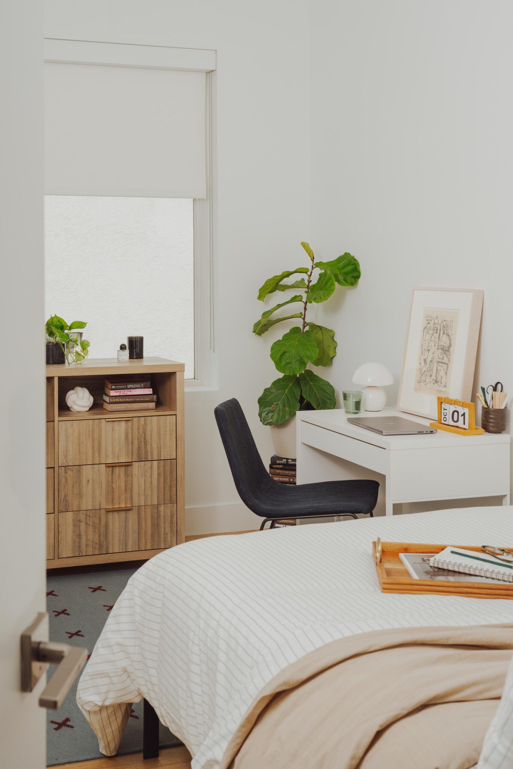 OSLO Coliving bright, modern bedroom with a bed, desk, chair, plants, and natural light from a window.